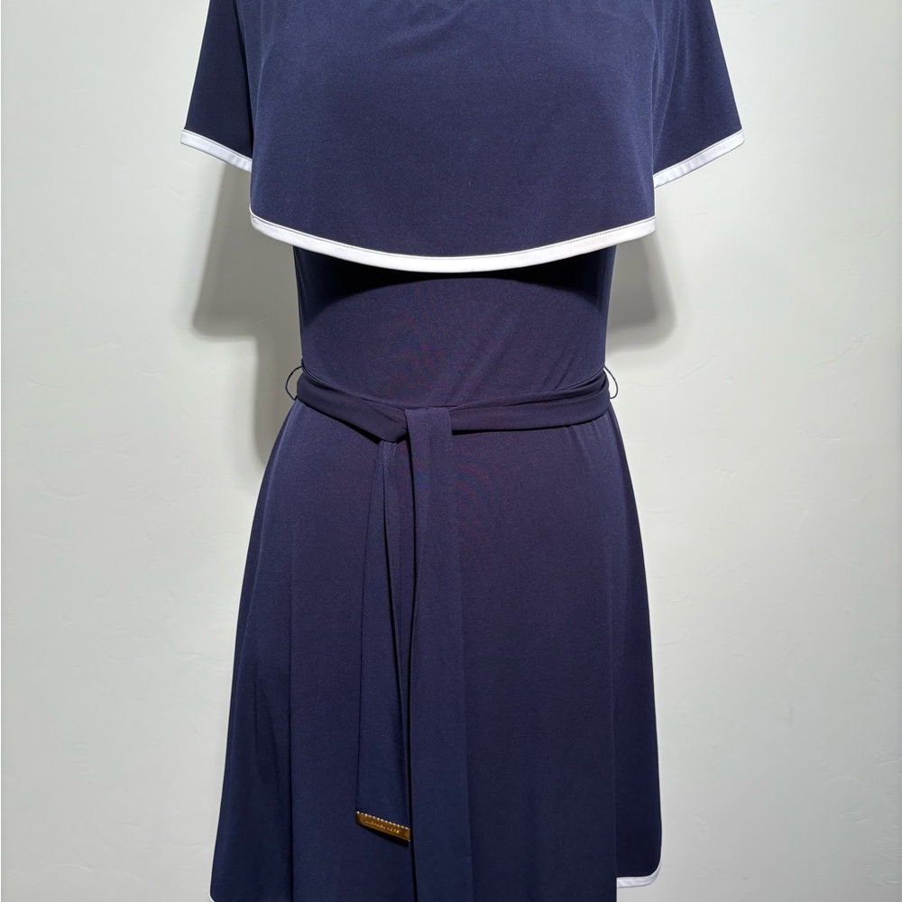 Michael Kors Navy Cape Overlay Fit & Flare Dress Size Small - Picture 2 of 7
